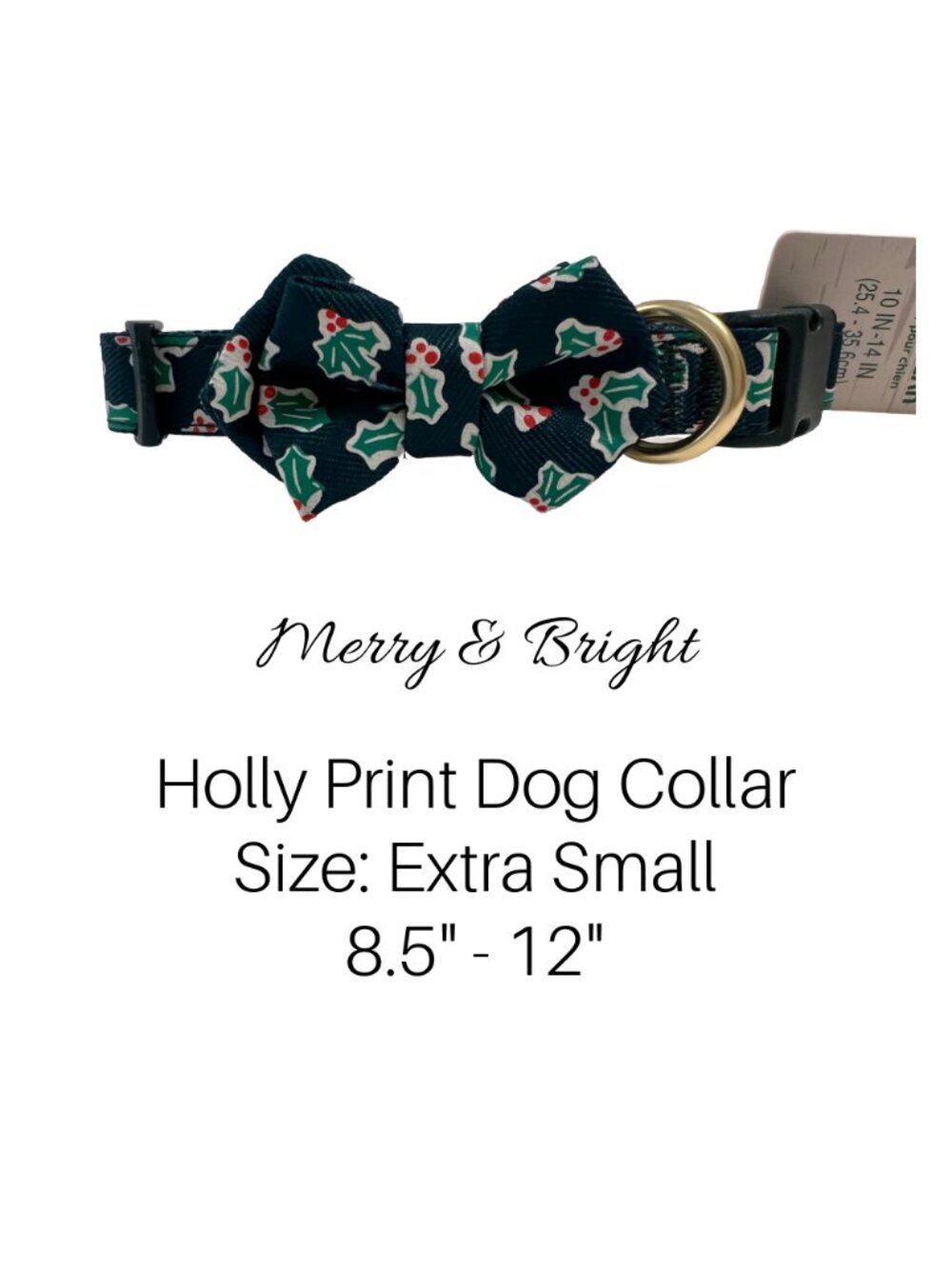 Christmas Holly Print Dog Collar with Bow – X-Small – NEW